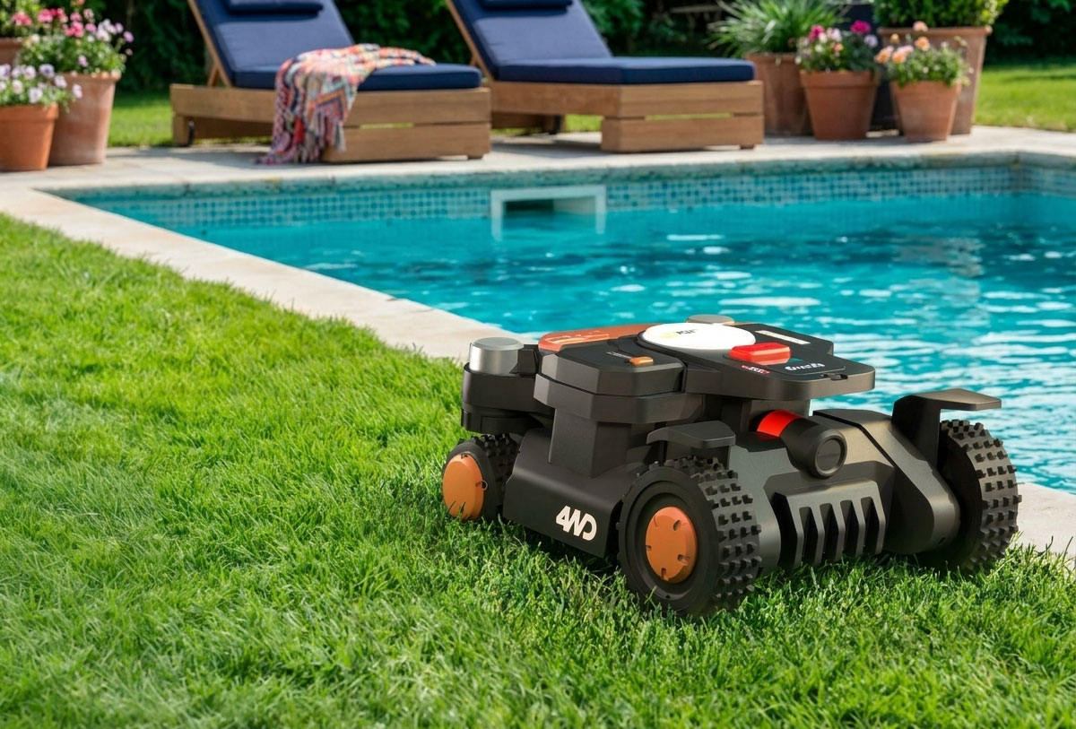 Robots tondeuses WORX près de la piscine